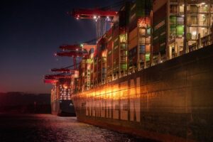 port, container ship, night